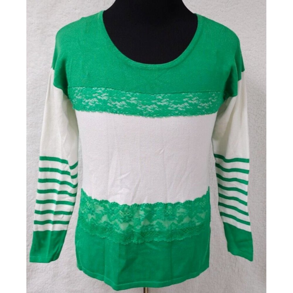 Hannah Womens Large Green White Lace Round Neck Long Sleeve Pullover Sweater
